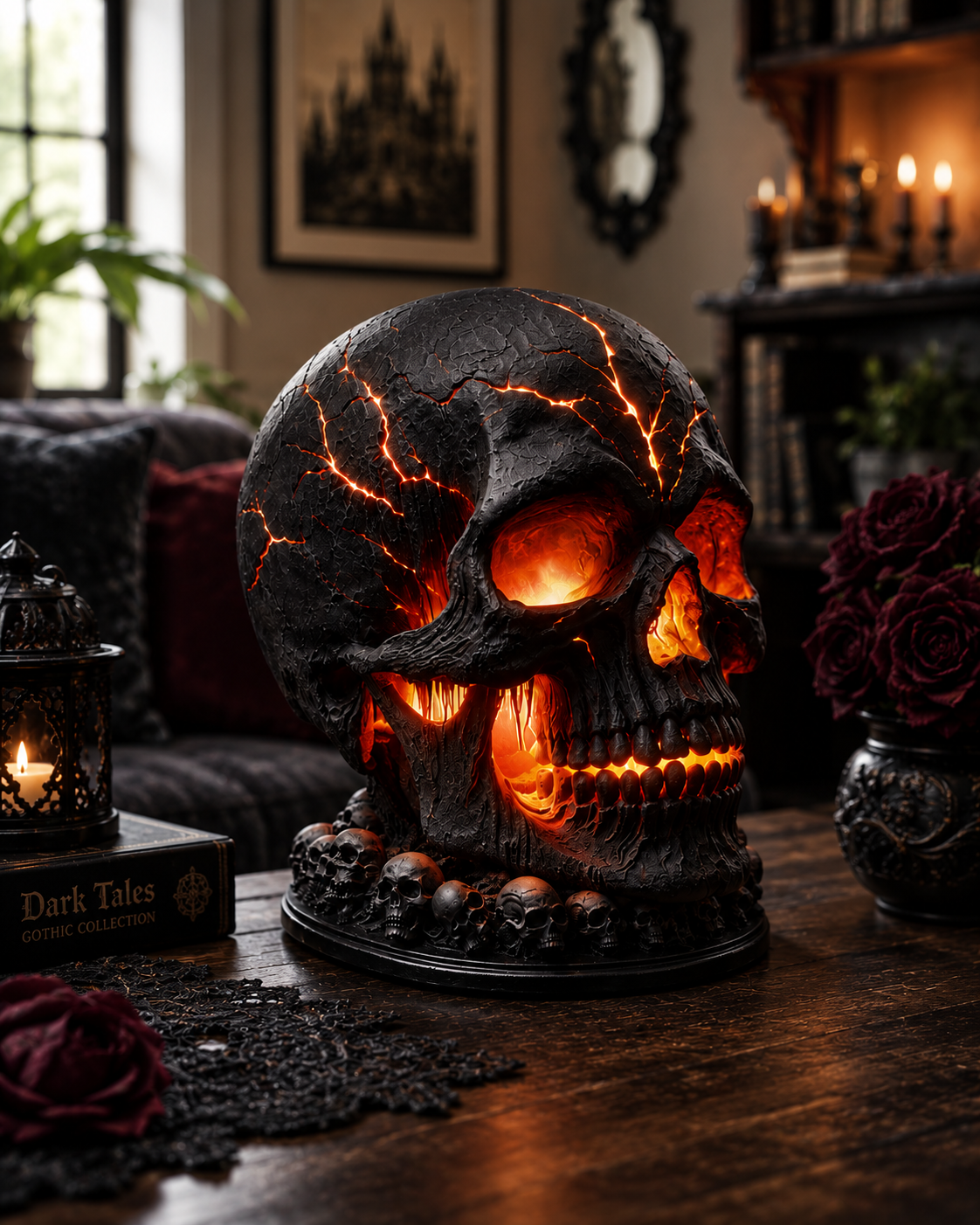 Gothic Skull Lamp – Glowing Lava Effect LED Resin Skull Light for Halloween & Dark Home Decor