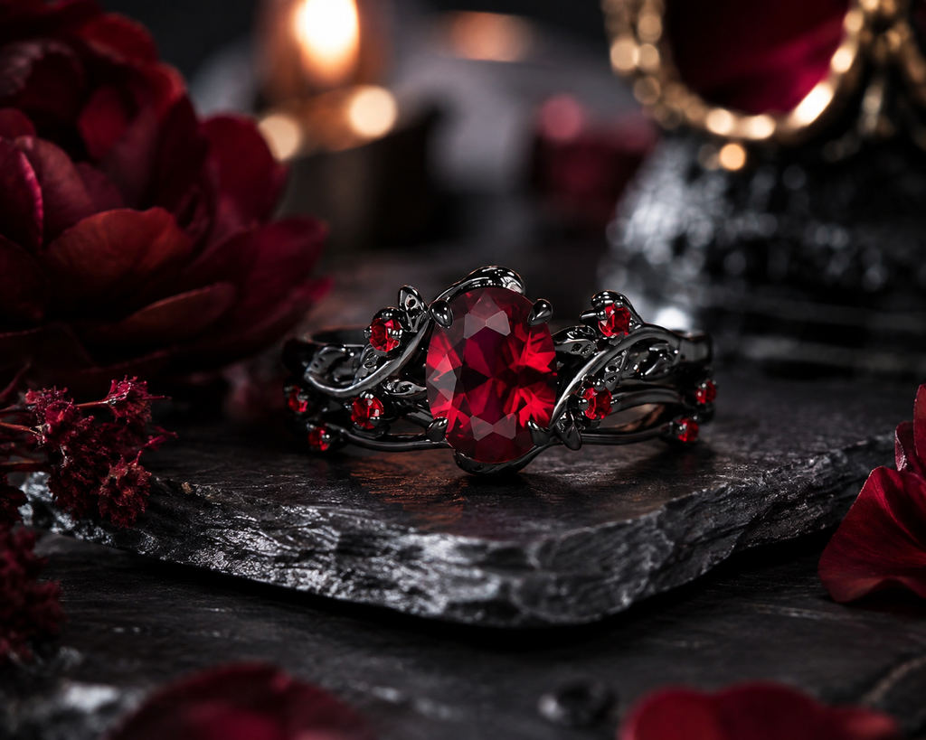 Gothic Red Gem Ring Set – Black Vintage Zirconia Ring for Women