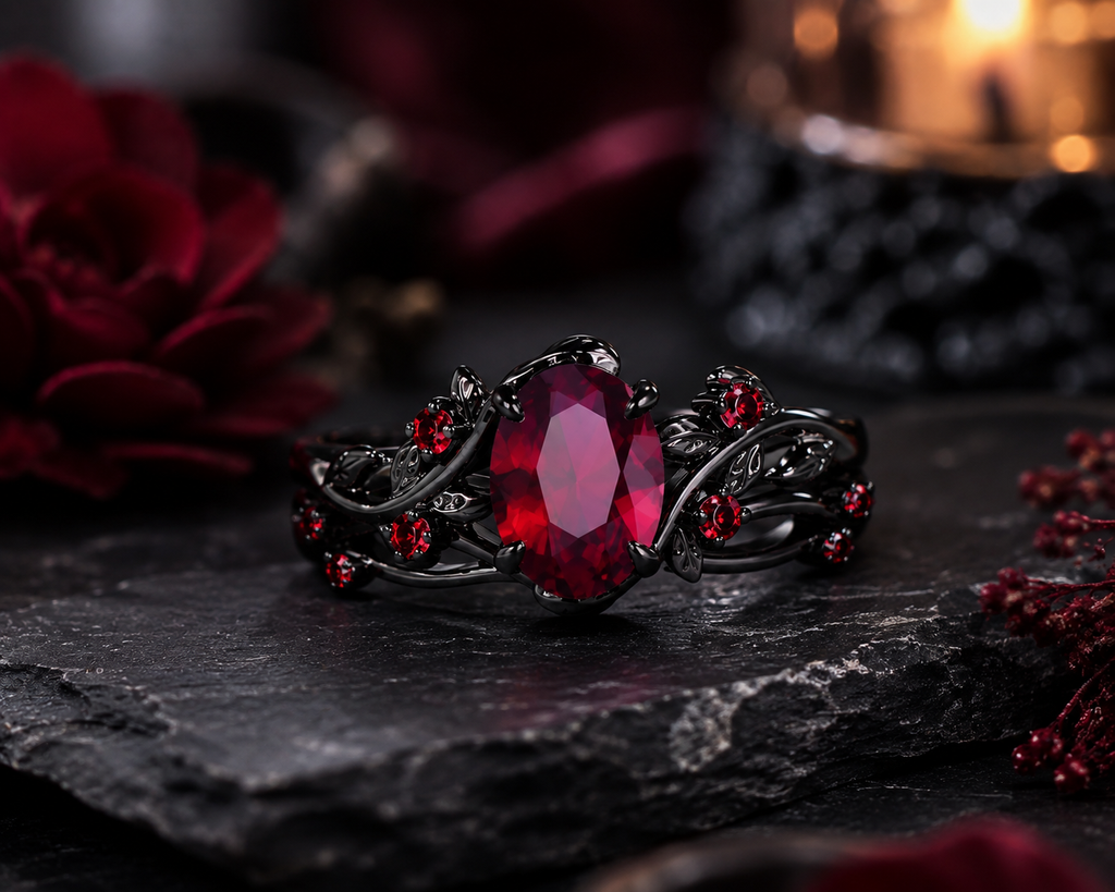 Gothic Red Gem Ring Set – Black Vintage Zirconia Ring for Women