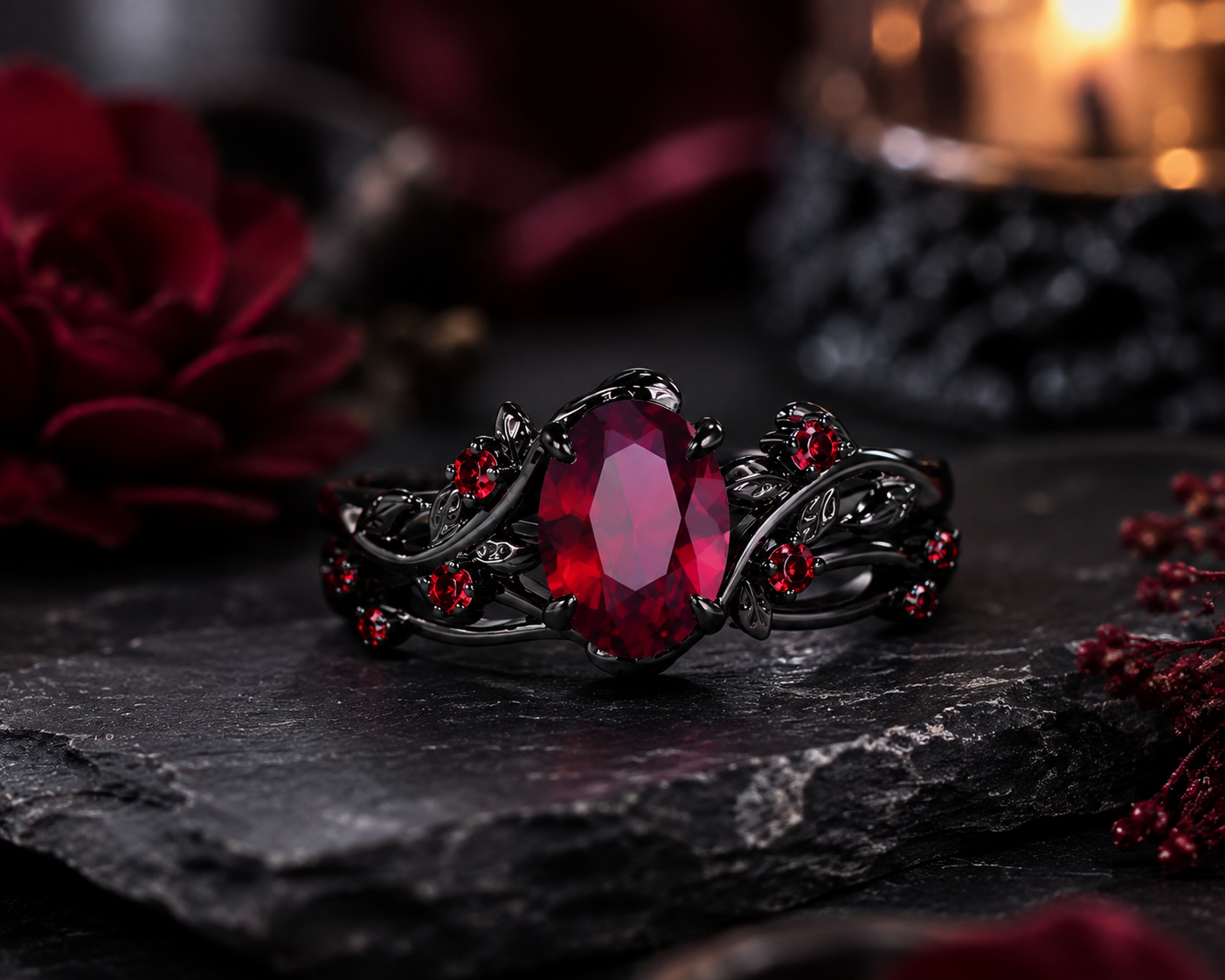 Gothic Red Gem Ring Set – Black Vintage Zirconia Ring for Women