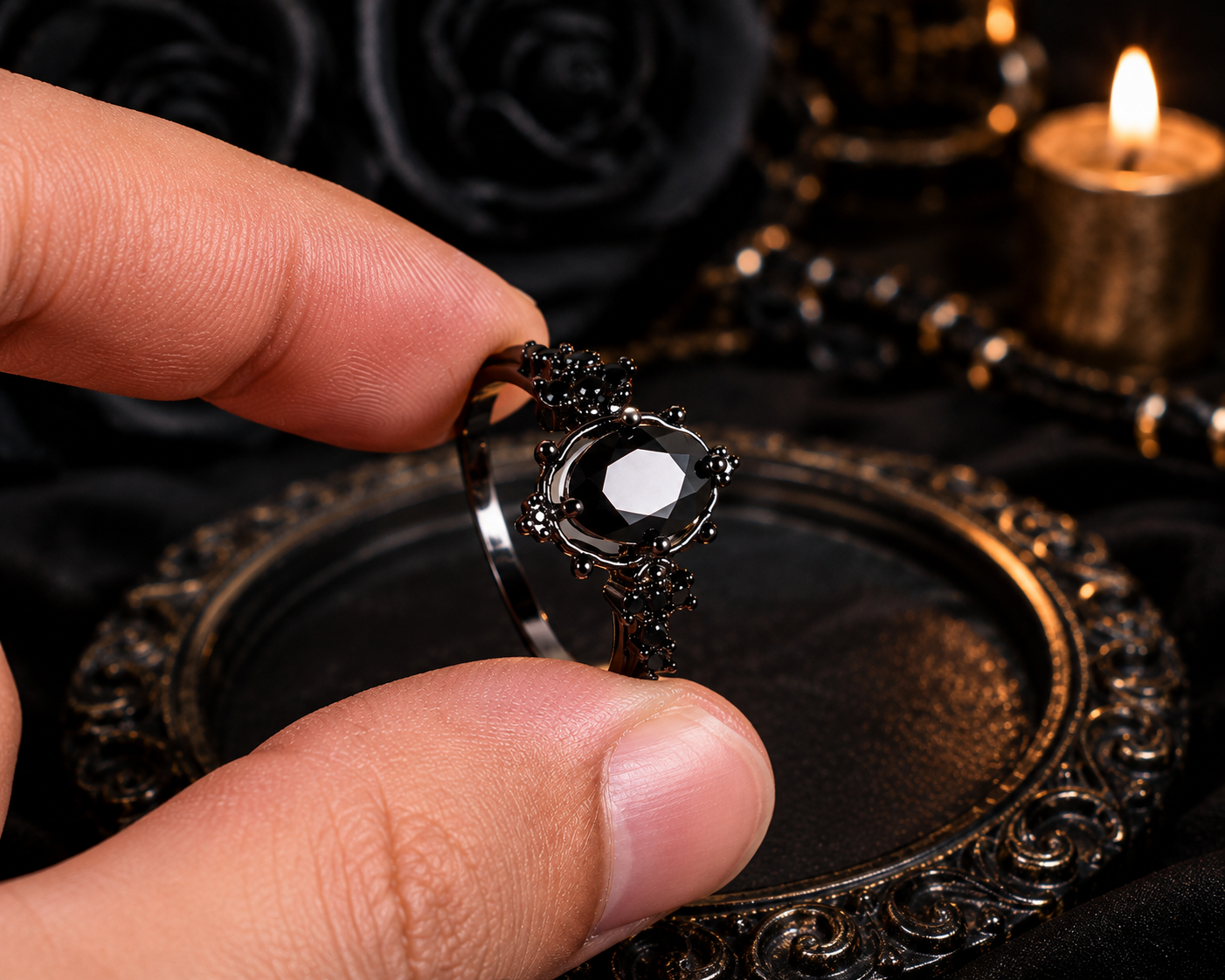 Gothic Black Oval Zircon Ring – Vintage Dark Statement Ring for Women