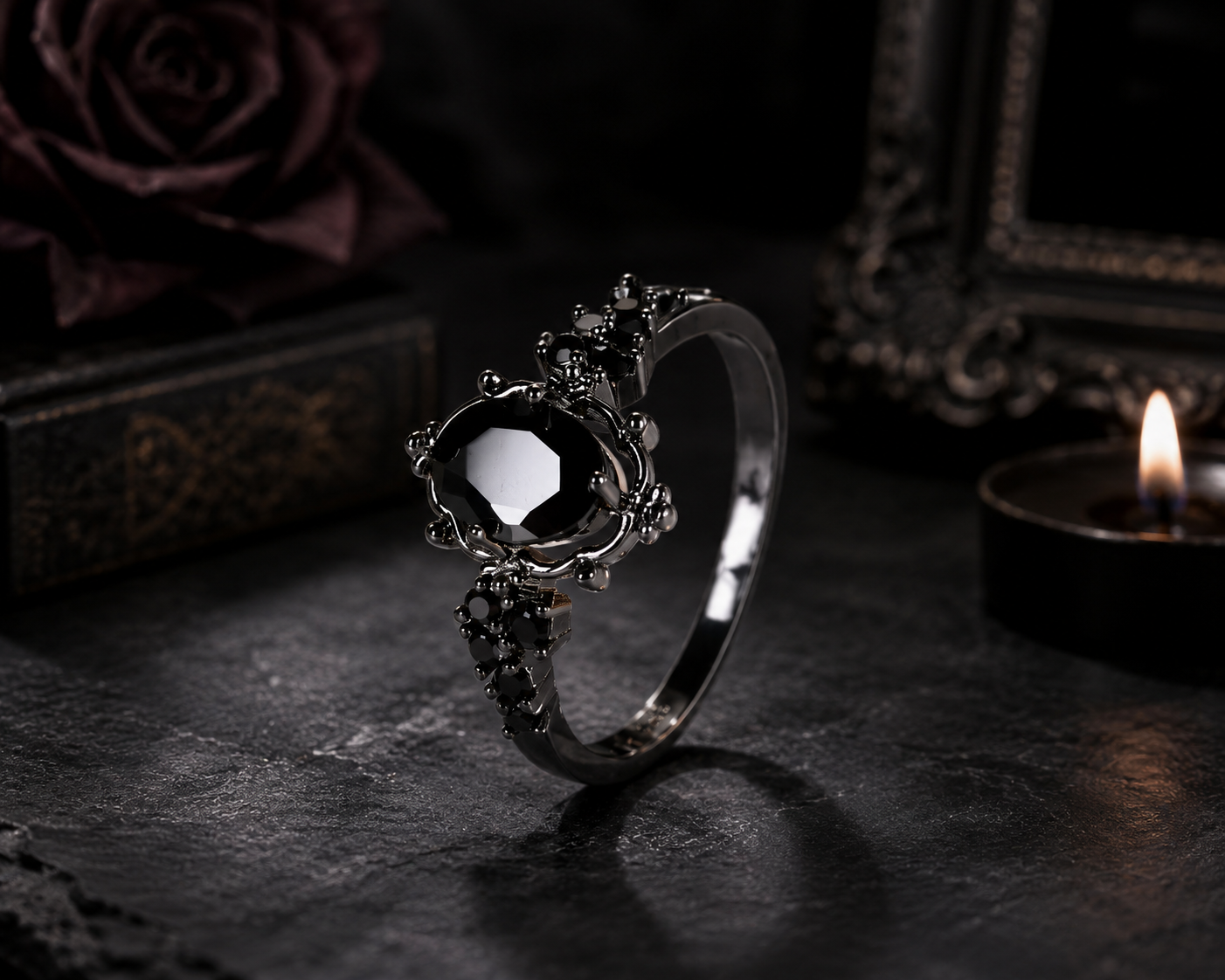 Gothic Black Oval Zircon Ring – Vintage Dark Statement Ring for Women