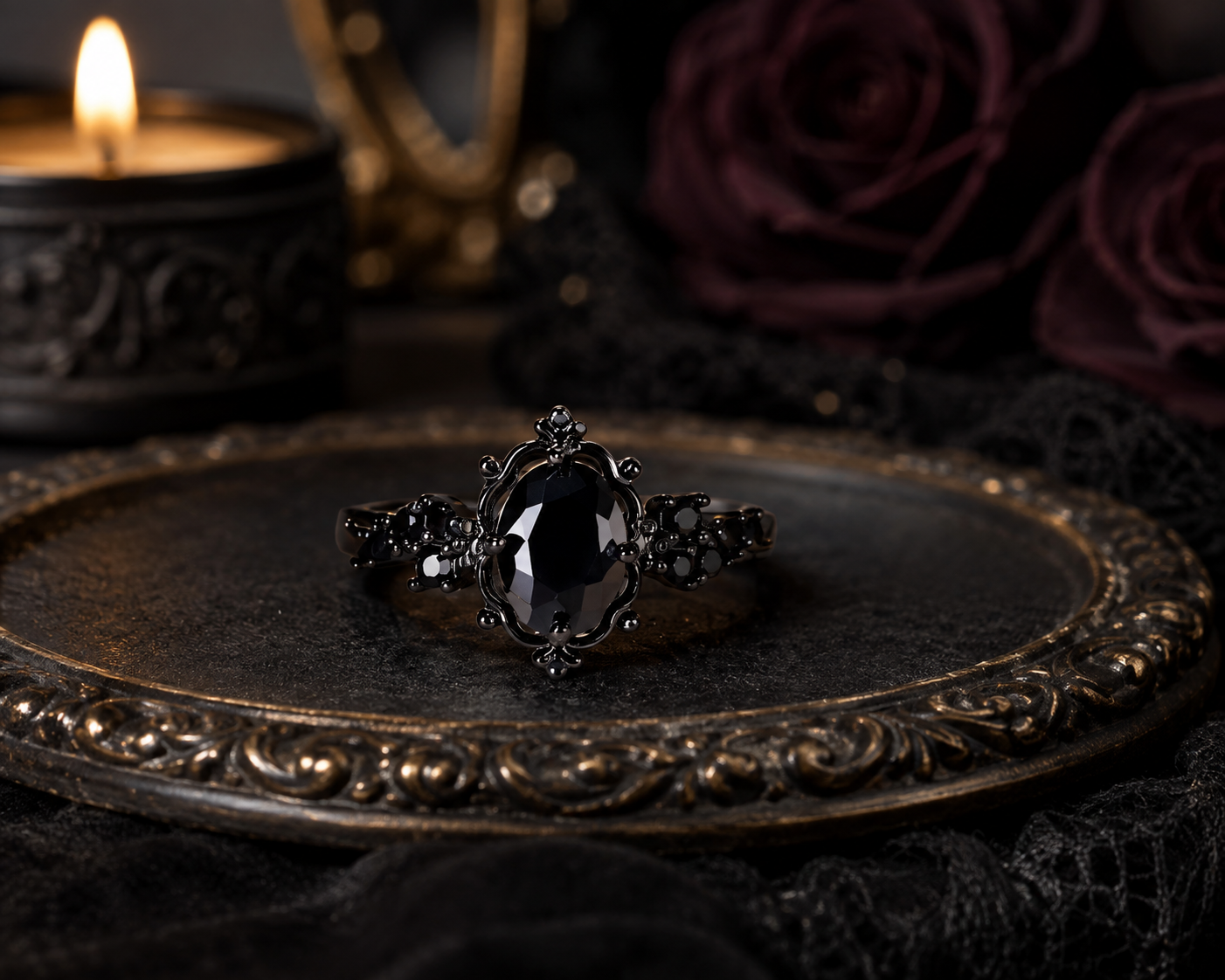 Gothic Black Oval Zircon Ring – Vintage Dark Statement Ring for Women
