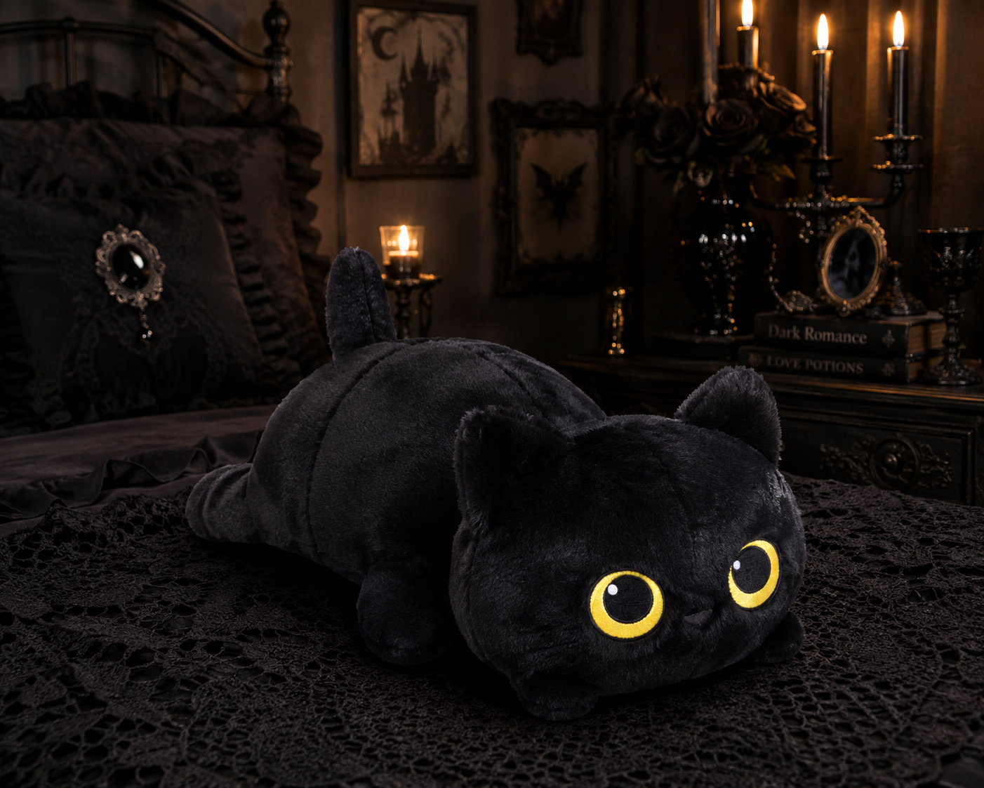 Gothic Black Cat Plush Pillow – Soft Oversized Cat Cushion, 50cm, 70cm & 90cm