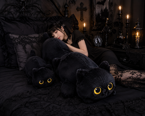 Gothic Black Cat Plush Pillow – Soft Oversized Cat Cushion, 50cm, 70cm & 90cm