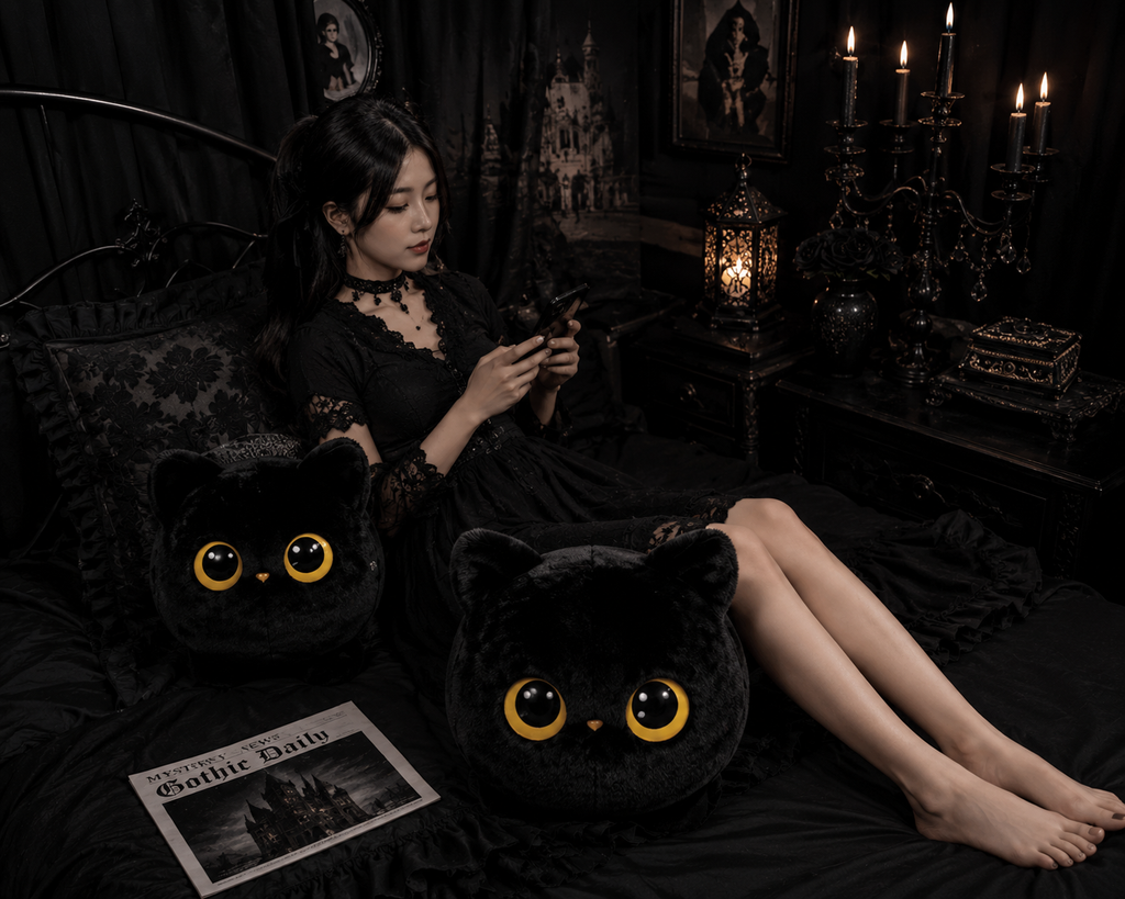 Gothic Black Cat Plush Pillow – Soft Oversized Cat Cushion, 50cm, 70cm & 90cm