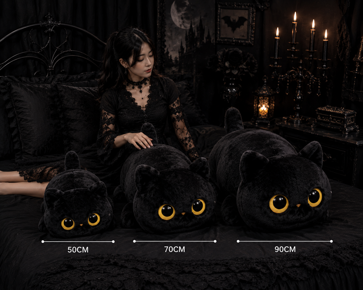 Gothic Black Cat Plush Pillow – Soft Oversized Cat Cushion, 50cm, 70cm & 90cm
