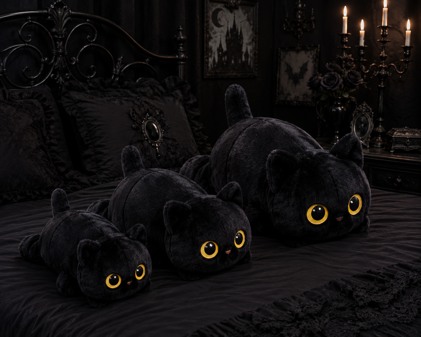 Gothic Black Cat Plush Pillow – Soft Oversized Cat Cushion, 50cm, 70cm & 90cm