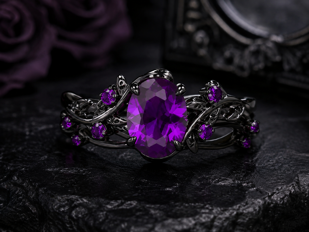 Purple Gothic Ring Set – Black Vintage Zirconia Rings for Women