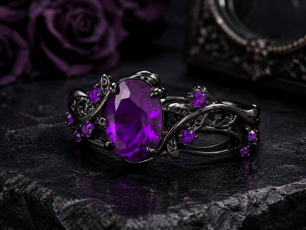 Purple Gothic Ring Set – Black Vintage Zirconia Rings for Women