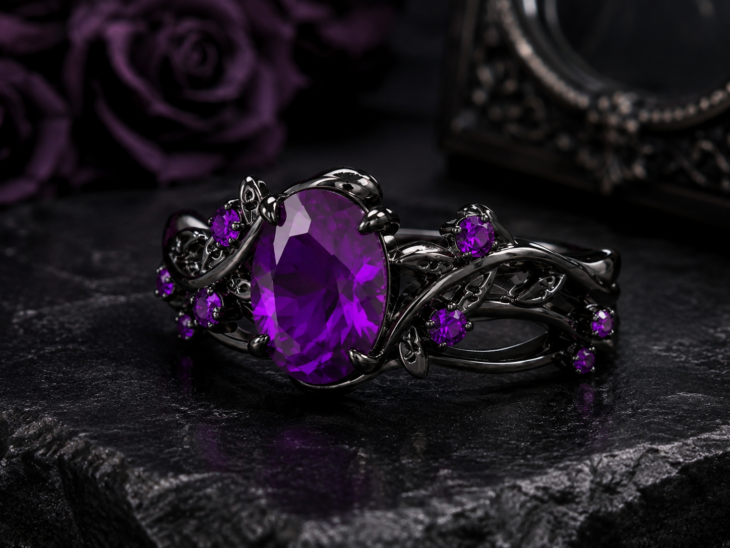 Purple Gothic Ring Set – Black Vintage Zirconia Rings for Women