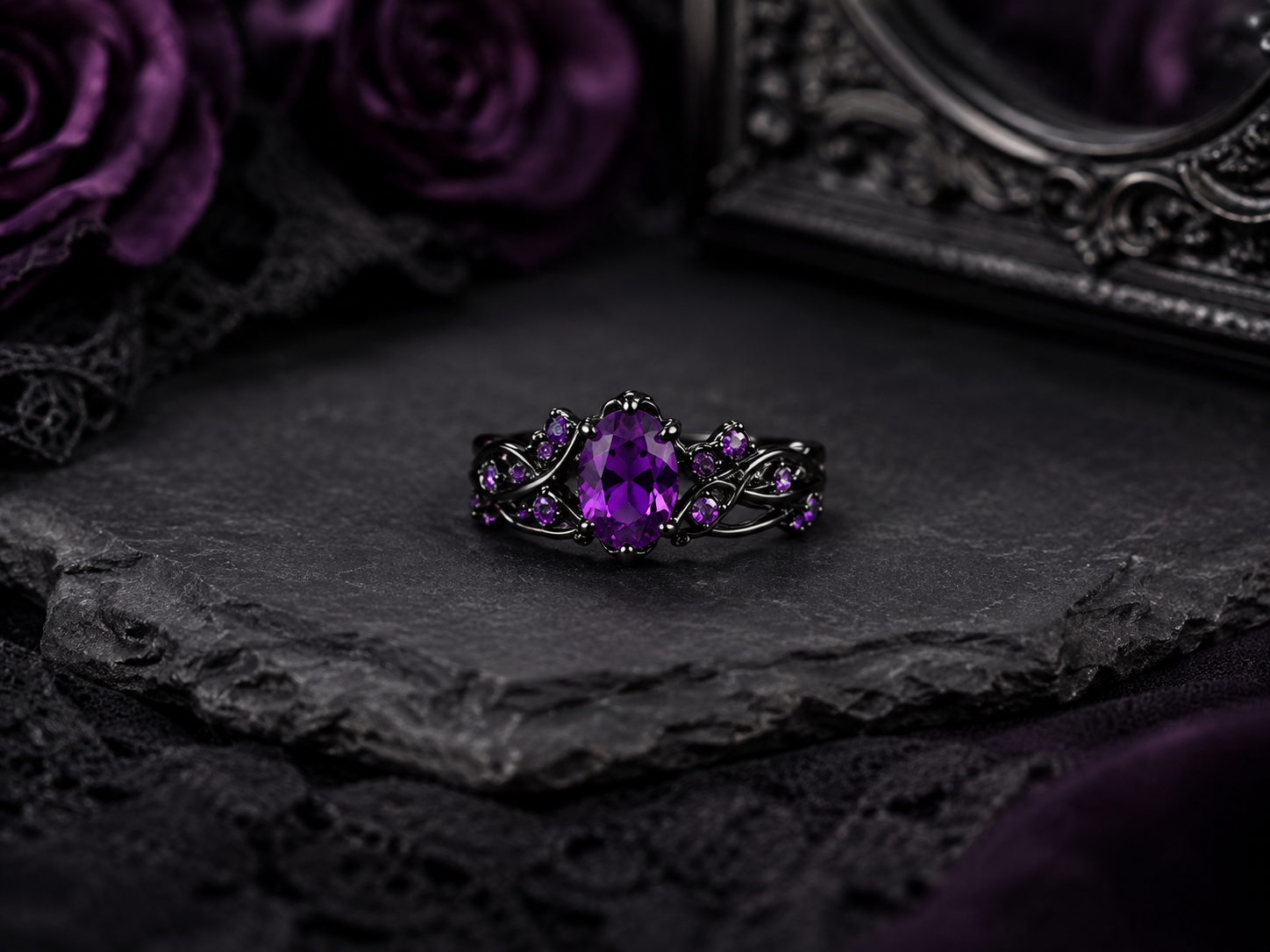 Purple Gothic Ring Set – Black Vintage Zirconia Rings for Women