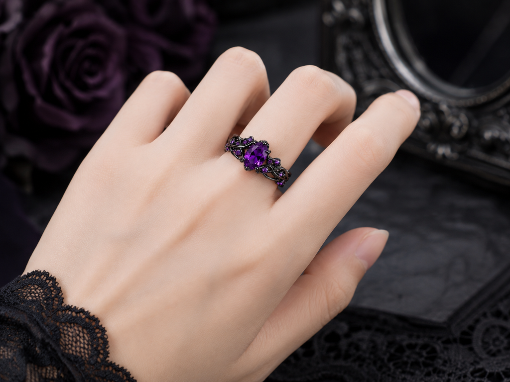 Purple Gothic Ring Set – Black Vintage Zirconia Rings for Women