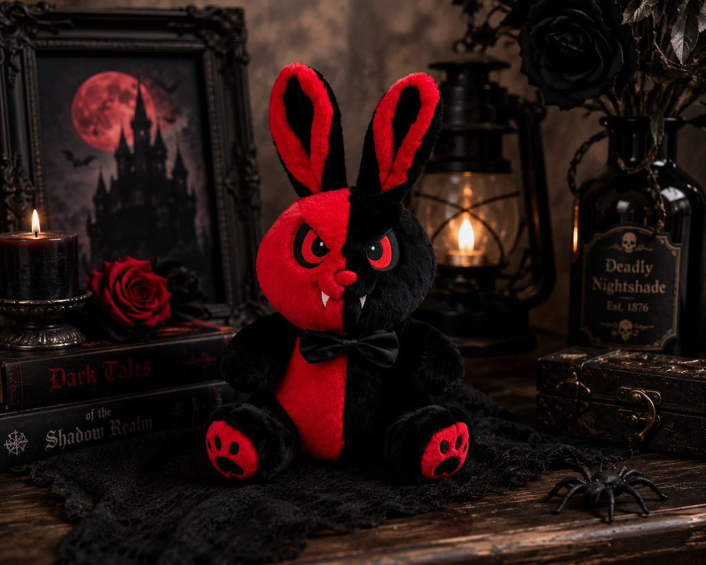 Gothic Red & Black Rabbit Plush – 25cm Creepy Bunny Decor