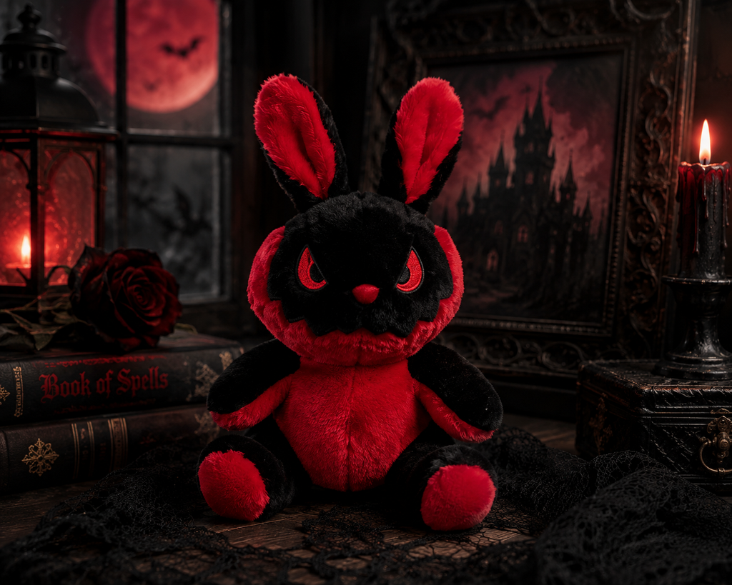 Gothic Red & Black Rabbit Plush – 25cm Creepy Bunny Decor