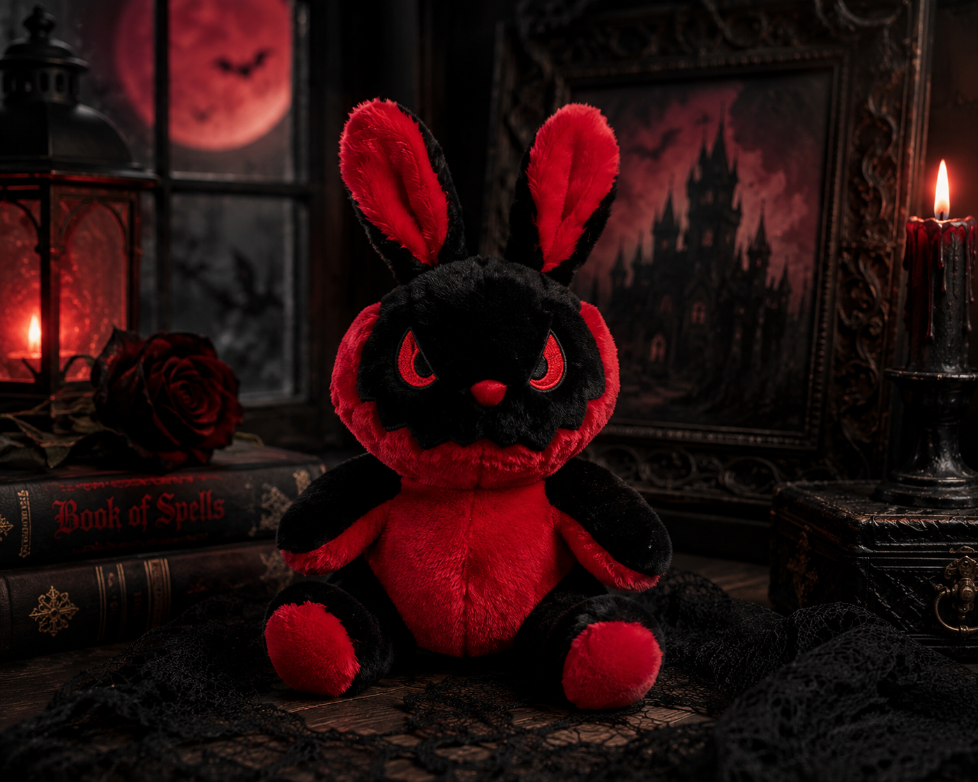 Gothic Red & Black Rabbit Plush – 25cm Creepy Bunny Decor