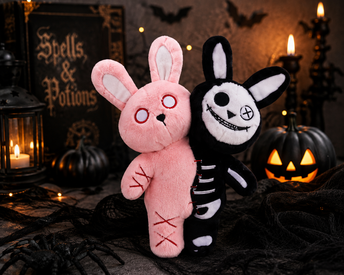 Gothic Double Bunny Plush – Pink & Black Skeleton Rabbit 30cm