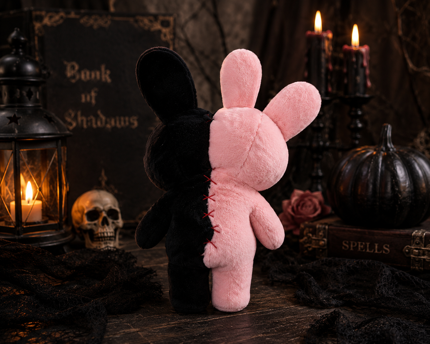 Gothic Double Bunny Plush – Pink & Black Skeleton Rabbit 30cm
