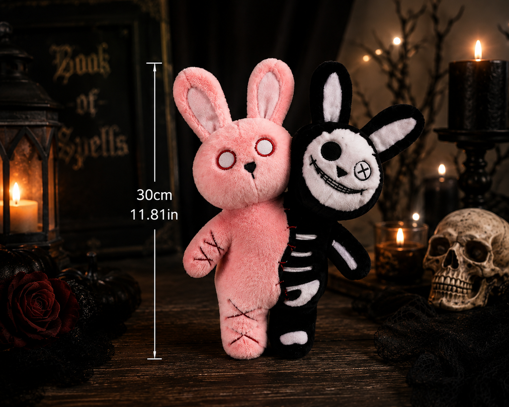 Gothic Double Bunny Plush – Pink & Black Skeleton Rabbit 30cm