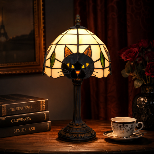 Black Cat Stained Glass Table Lamp – Gothic Halloween Bedside Light, Witchy Cat Decor