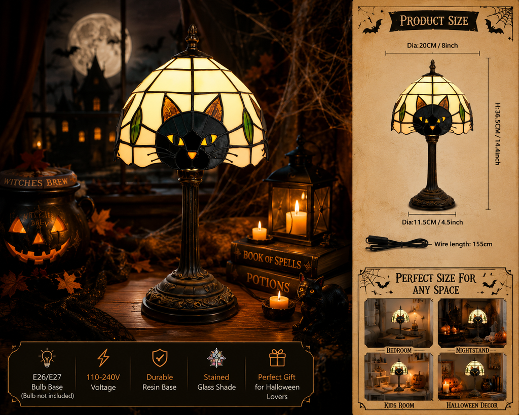 Black Cat Stained Glass Table Lamp – Gothic Halloween Bedside Light, Witchy Cat Decor