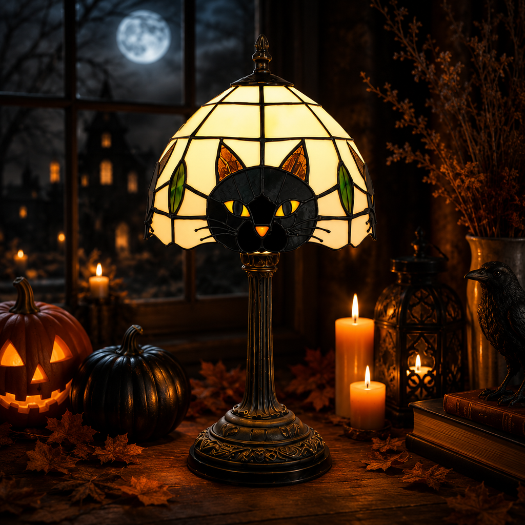 Black Cat Stained Glass Table Lamp – Gothic Halloween Bedside Light, Witchy Cat Decor