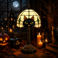 Black Cat Stained Glass Table Lamp – Gothic Halloween Bedside Light, Witchy Cat Decor