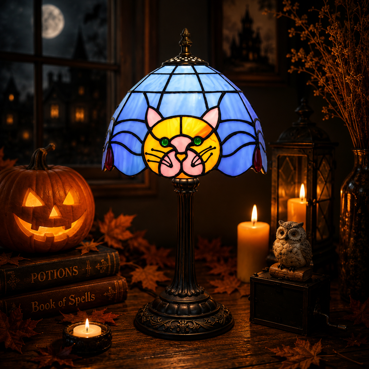 Black Cat Stained Glass Table Lamp – Gothic Halloween Bedside Light, Witchy Cat Decor