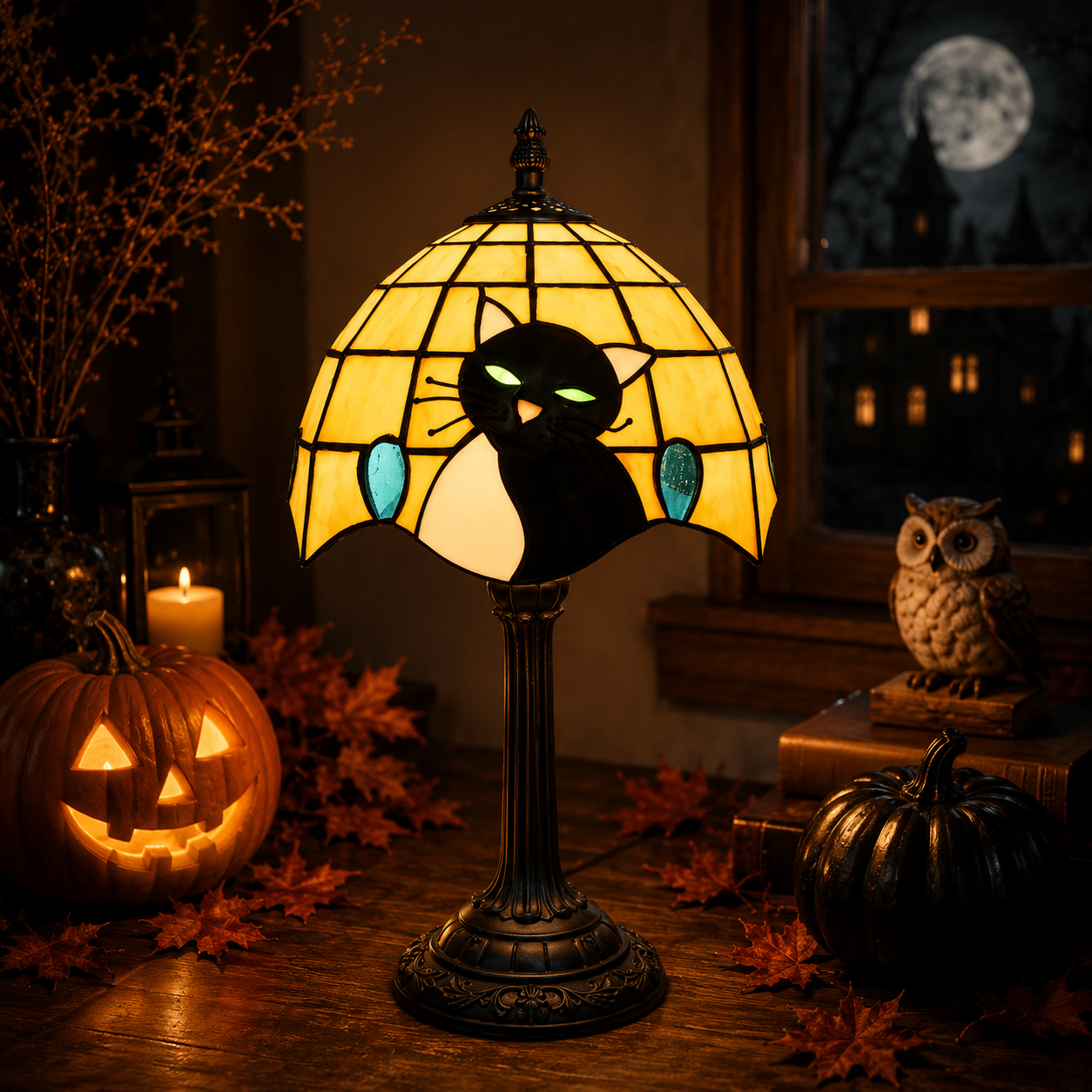 Black Cat Stained Glass Table Lamp – Gothic Halloween Bedside Light, Witchy Cat Decor