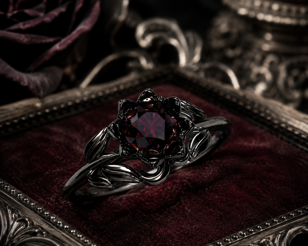 Gothic Black Ring for Women with Red Stone – Vintage Floral Statement Ring