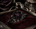 Gothic Black Ring for Women with Red Stone – Vintage Floral Statement Ring