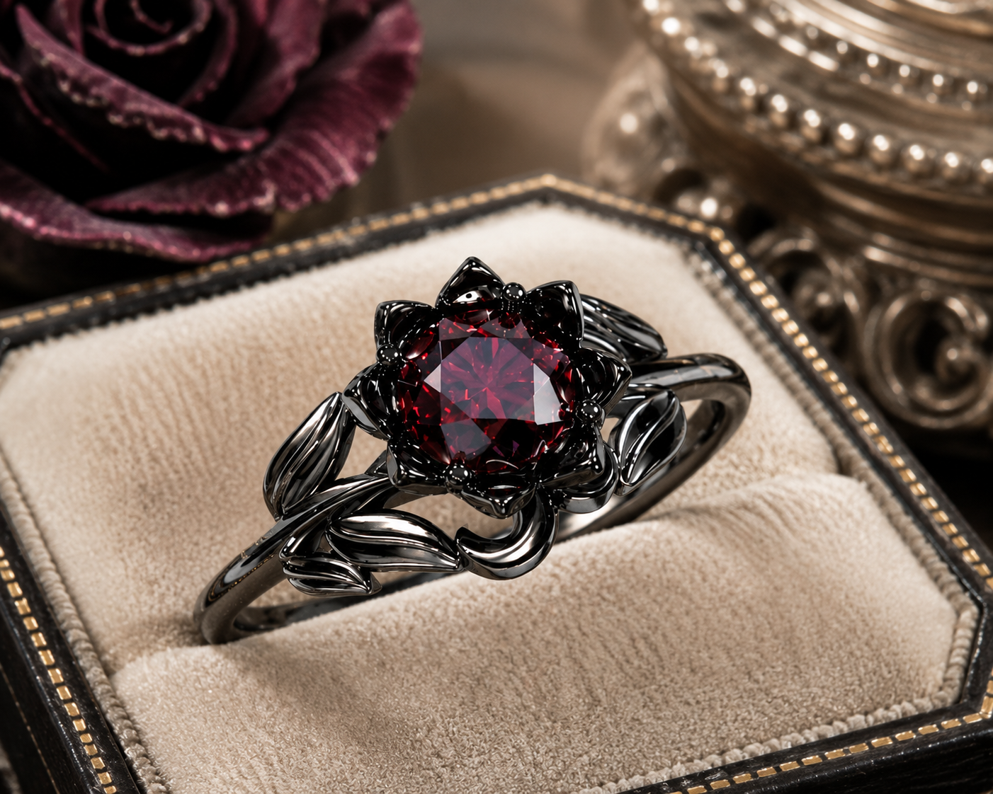 Gothic Black Ring for Women with Red Stone – Vintage Floral Statement Ring