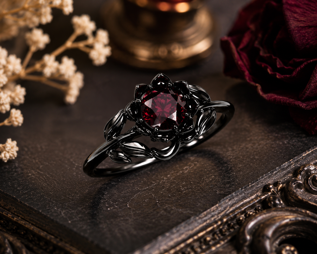 Gothic Black Ring for Women with Red Stone – Vintage Floral Statement Ring