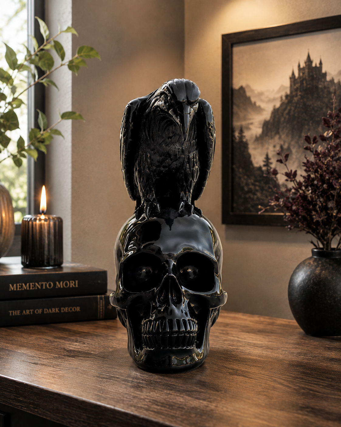 Raven on Skull Resin Statue – Gothic Black Decor