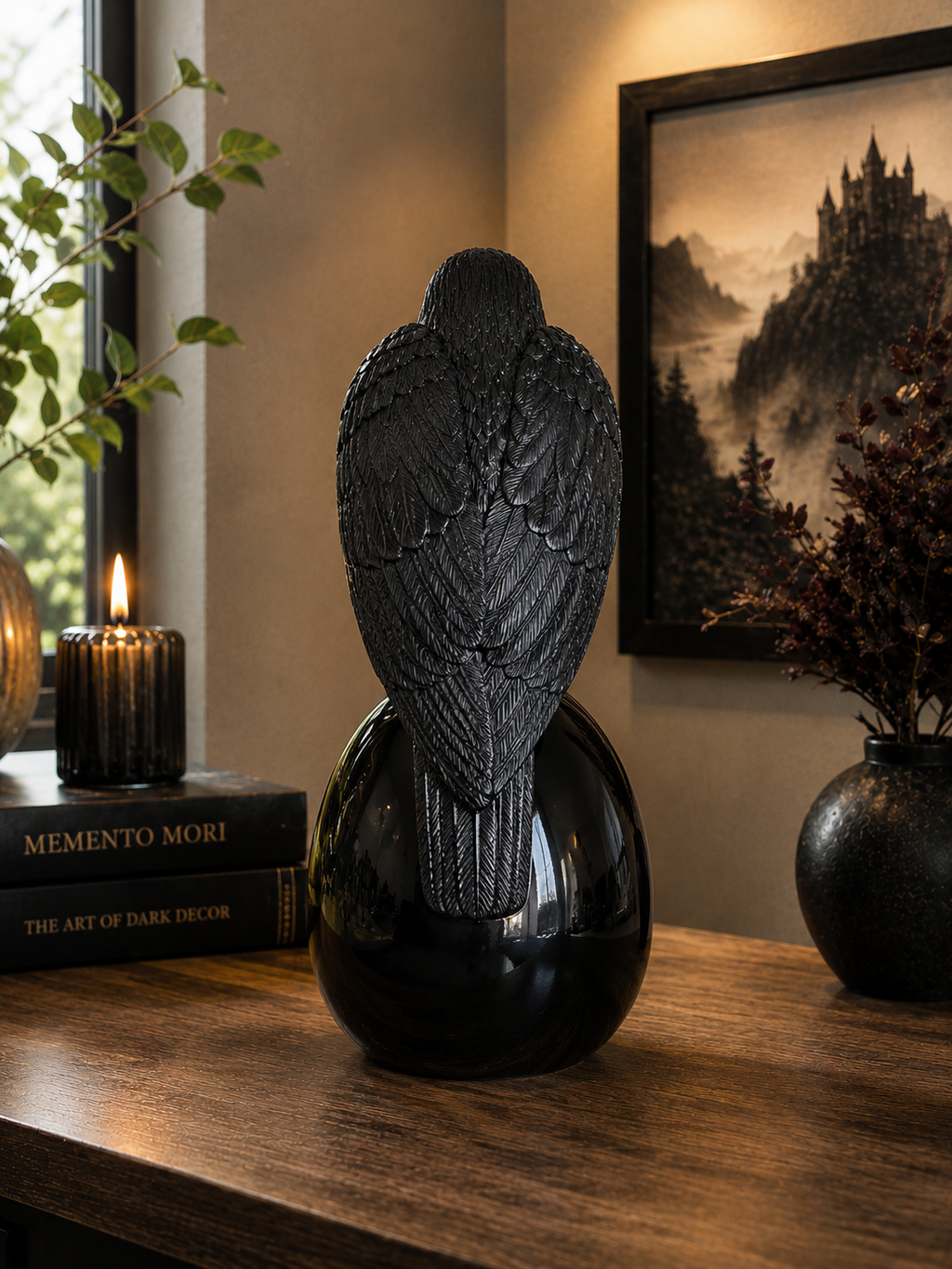 Raven on Skull Resin Statue – Gothic Black Decor
