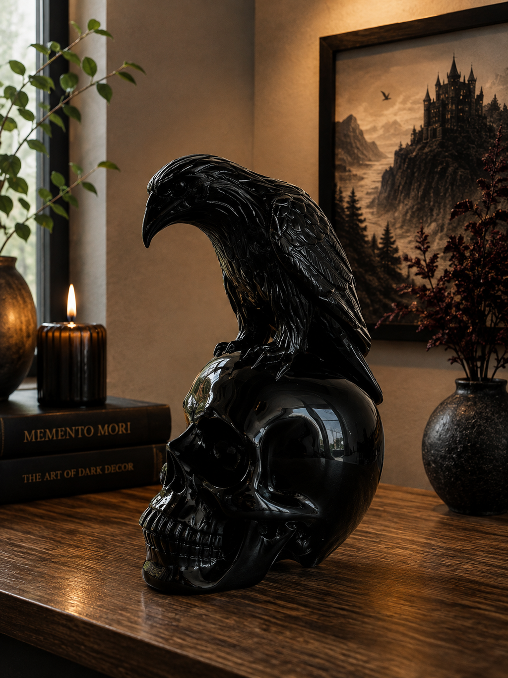 Raven on Skull Resin Statue – Gothic Black Decor