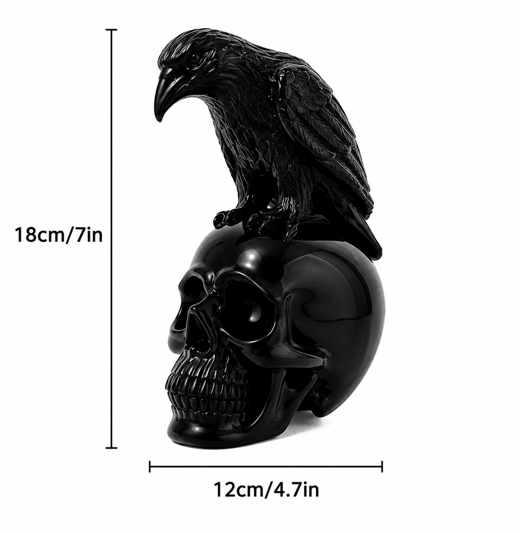 Raven on Skull Resin Statue – Gothic Black Decor