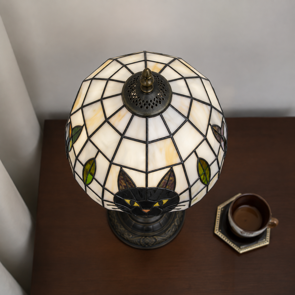 Black Cat Stained Glass Table Lamp – Gothic Halloween Bedside Light, Witchy Cat Decor