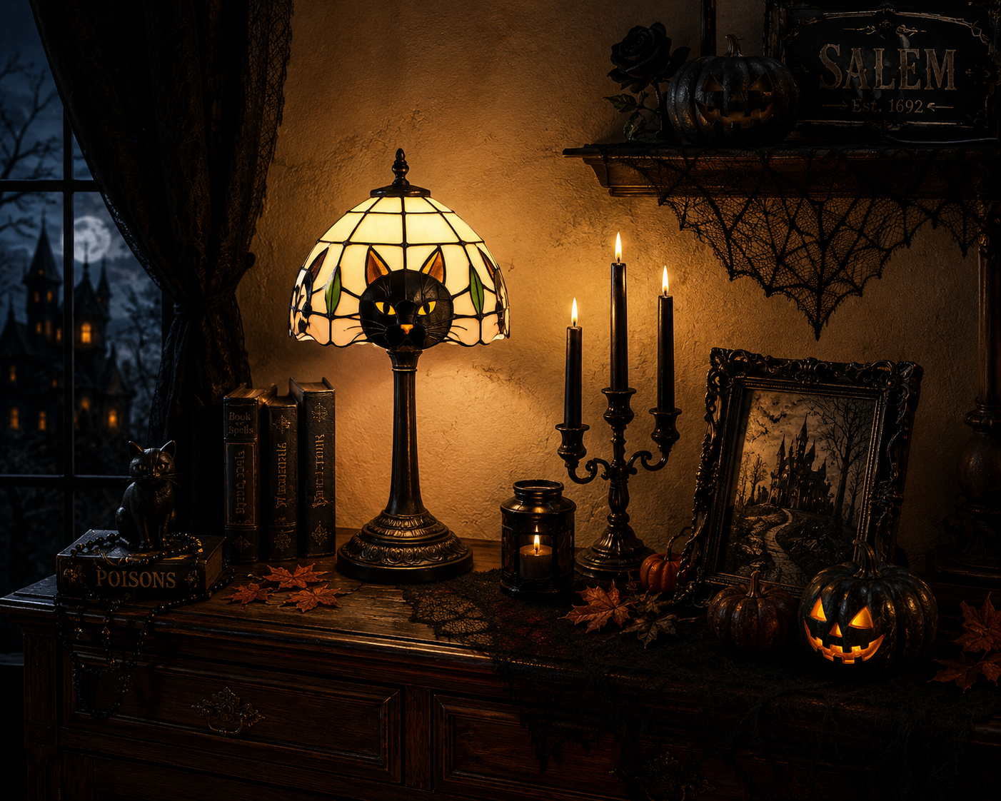 Black Cat Stained Glass Table Lamp – Gothic Halloween Bedside Light, Witchy Cat Decor