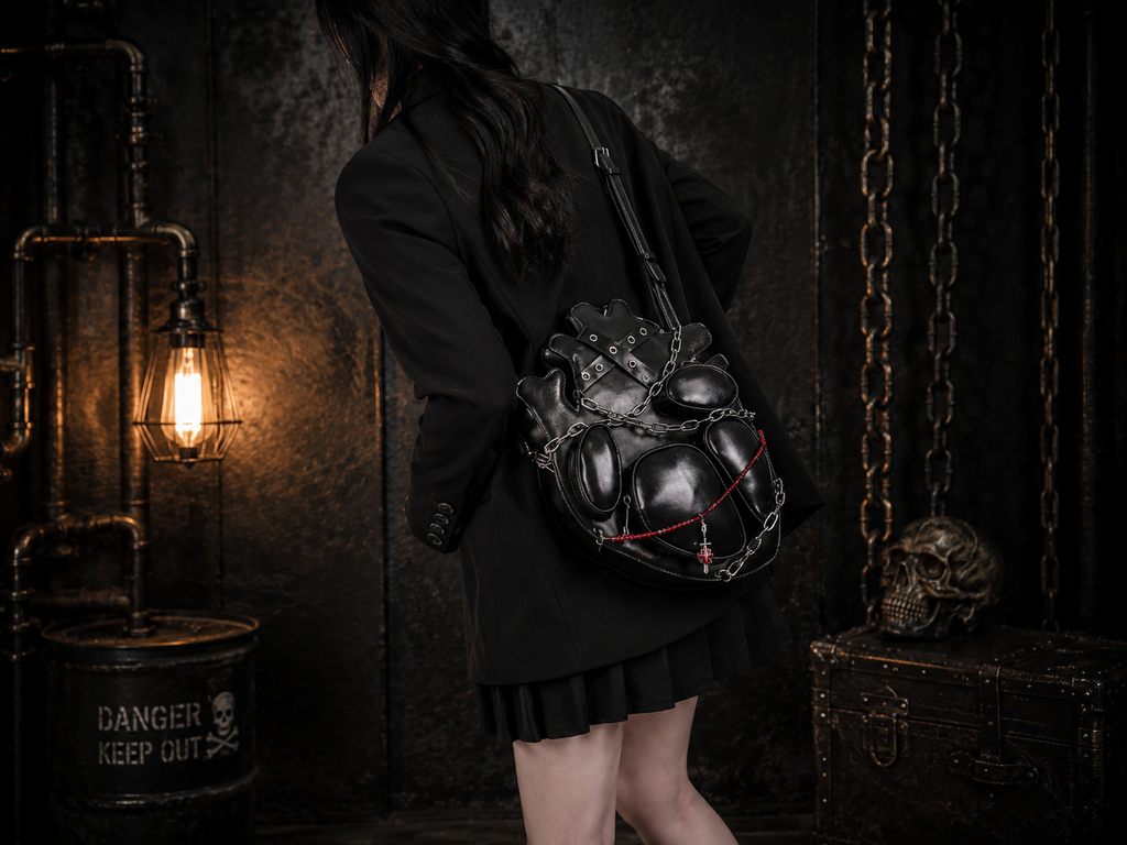 Gothic Heart Backpack – Black Chain Shoulder Bag