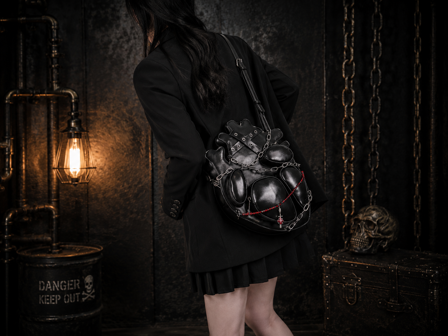 Gothic Heart Backpack – Black Chain Shoulder Bag
