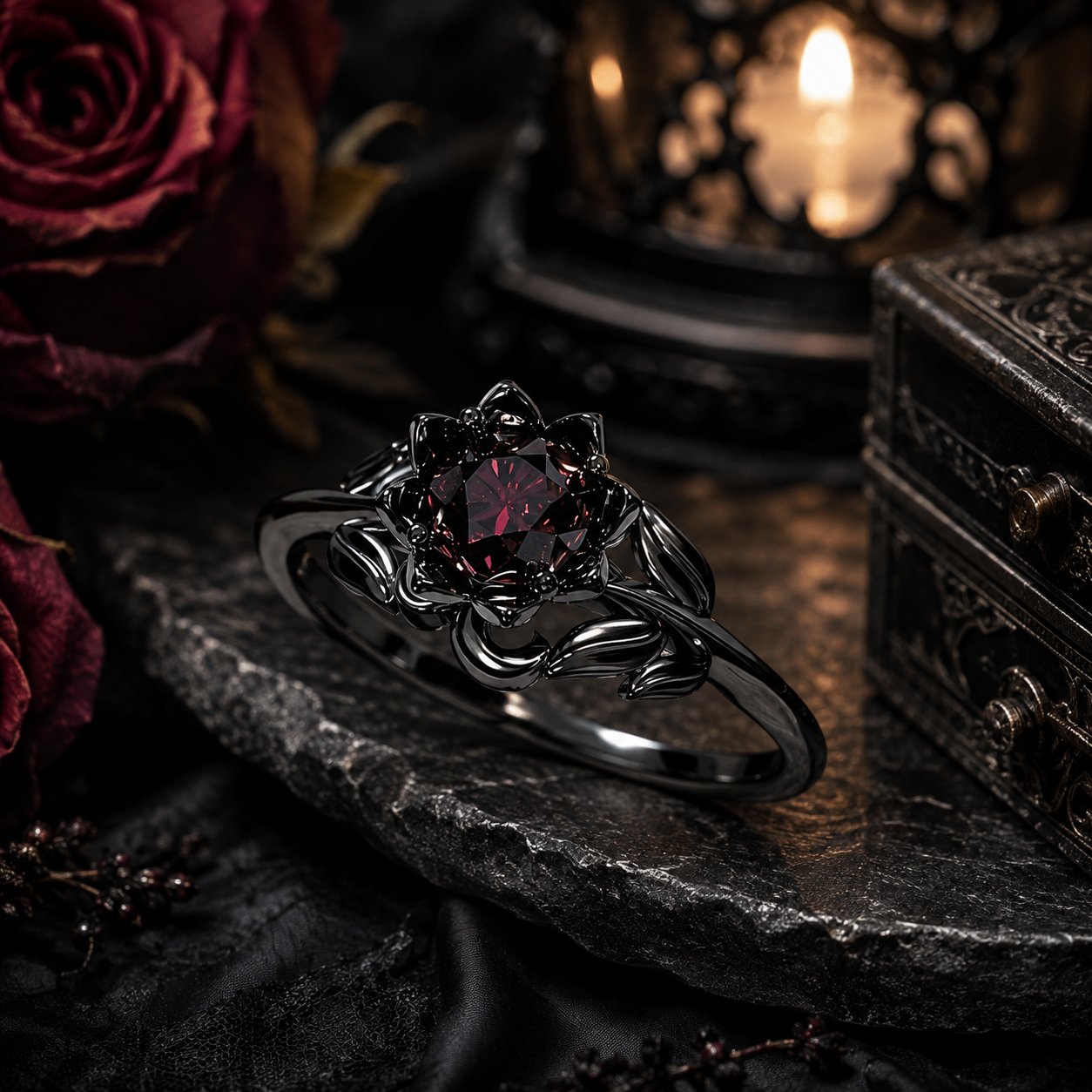 Gothic Black Ring for Women with Red Stone – Vintage Floral Statement Ring