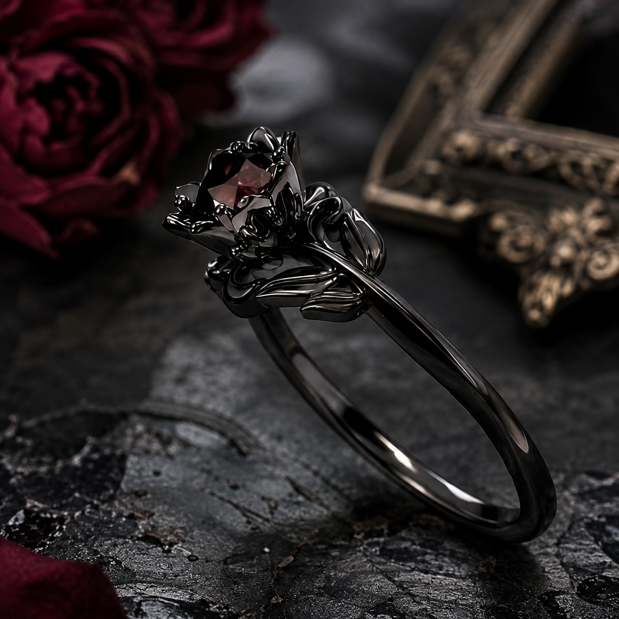 Gothic Black Ring for Women with Red Stone – Vintage Floral Statement Ring
