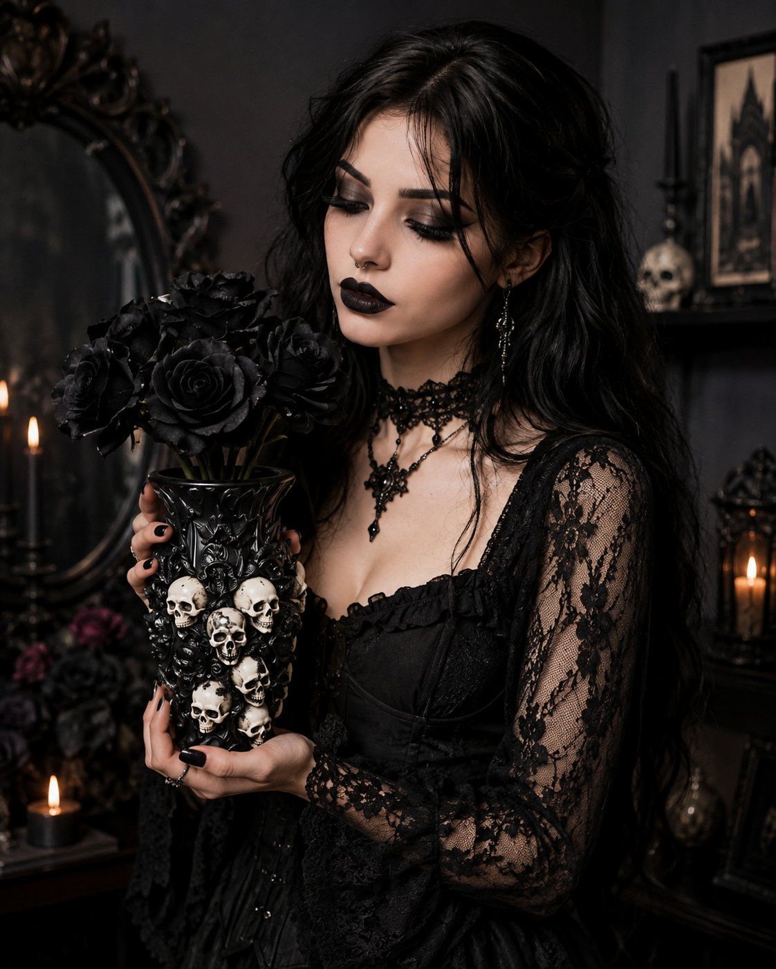 Gothic Skull Vase – Black Resin Skeleton Flower Vase for Dark Home Decor
